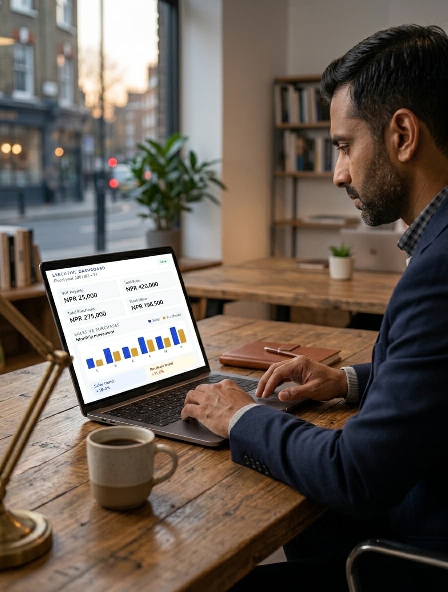 Business owner working at a laptop in a café, reviewing the WiseVAT dashboard with VAT payable, sales, purchases, and a sales vs purchases chart